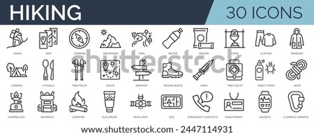 Set of 30 outline icons related to hiking. Linear icon collection. Editable stroke. Vector illustration