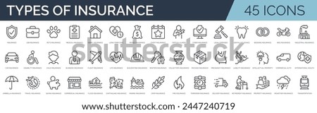 Set of 45 outline icons related to types of insurance. Linear icon collection. Editable stroke. Vector illustration