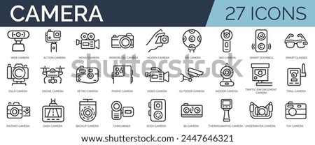 Set of 27 outline icons related to camera. Linear icon collection. Editable stroke. Vector illustration