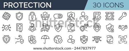 Set of 30 outline icons related to protection. Linear icon collection. Editable stroke. Vector illustration