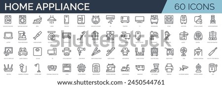 Set of 60 outline icons related to home appliance. Linear icon collection. Editable stroke. Vector illustration