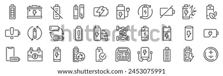 Set of 30 outline icons related to battery. Linear icon collection. Editable stroke. Vector illustration