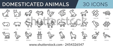 Set of 30 outline icons related to domesticated animals. Linear icon collection. Editable stroke. Vector illustration
