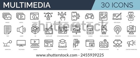 Set of 30 outline icons related to multimedia. Linear icon collection. Editable stroke. Vector illustration