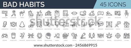 Set of 45 outline icons related to bad habits. Linear icon collection. Editable stroke. Vector illustration