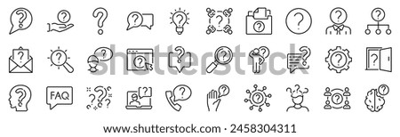 Set of 30 outline icons related to question. Linear icon collection. Editable stroke. Vector illustration