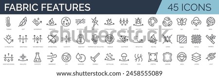 Set of 45 outline icons related to fabric features. Linear icon collection. Editable stroke. Vector illustration