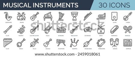 Set of 30 outline icons related to musical instruments. Linear icon collection. Editable stroke. Vector illustration