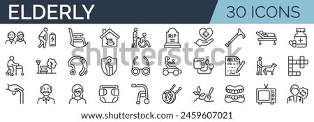 Set of 30 outline icons related to elderly. Linear icon collection. Editable stroke. Vector illustration