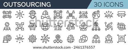 Set of 30 outline icons related to outsourcing. Linear icon collection. Editable stroke. Vector illustration