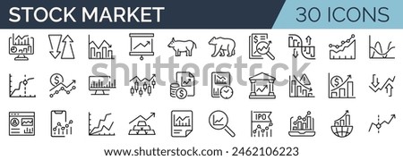 Set of 30 outline icons related to stock market. Linear icon collection. Editable stroke. Vector illustration