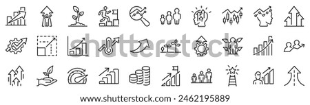 Set of 30 outline icons related to growth. Linear icon collection. Editable stroke. Vector illustration