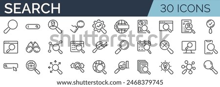 Set of 30 outline icons related to search. Linear icon collection. Editable stroke. Vector illustration