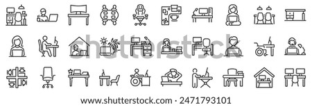 Set of 30 outline icons related to workspace. Linear icon collection. Editable stroke. Vector illustration