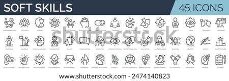 Set of 45 outline icons related to soft skills. Linear icon collection. Editable stroke. Vector illustration