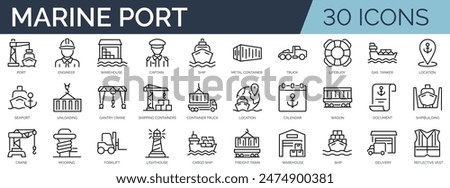 Set of 45 outline icons related to marine port. Linear icon collection. Editable stroke. Vector illustration