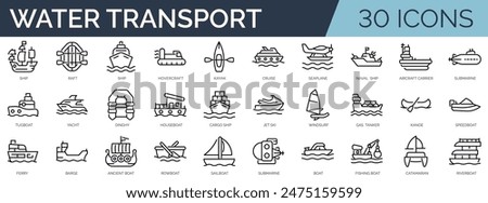 Set of 30 outline icons related to water transport. Linear icon collection. Editable stroke. Vector illustration