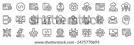 Set of 30 outline icons related to software. Linear icon collection. Editable stroke. Vector illustration