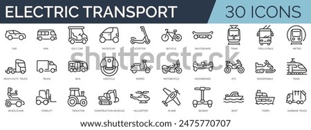 Set of 30 outline icons related to electric transport. Linear icon collection. Editable stroke. Vector illustration