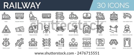 Set of 30 outline icons related to railway. Linear icon collection. Editable stroke. Vector illustration