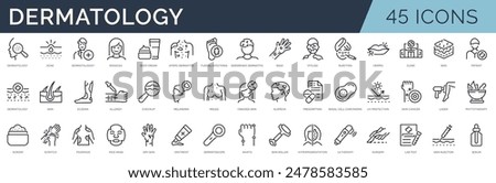 Set of 45 outline icons related to dermatology. Linear icon collection. Editable stroke. Vector illustration