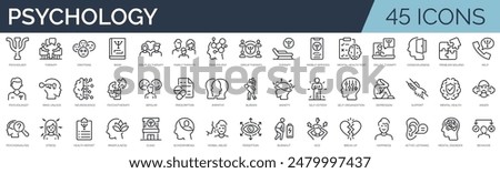 Set of 45 outline icons related to psychology. Linear icon collection. Editable stroke. Vector illustration