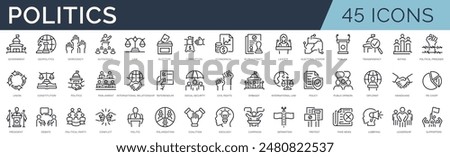 Set of 45 outline icons related to politics. Linear icon collection. Editable stroke. Vector illustration