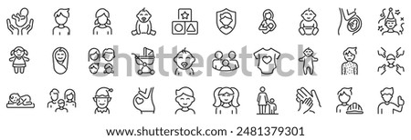 Set of 30 outline icons related to kids. Linear icon collection. Editable stroke. Vector illustration