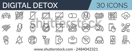 Set of 30 outline icons related to digital detox, tech detoxification. Linear icon collection. Editable stroke. Vector illustration