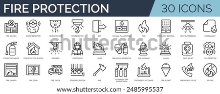 Set of 30 outline icons related to fire protection. Linear icon collection. Editable stroke. Vector illustration