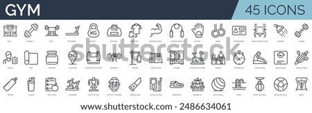 Set of 45 outline icons related to gym. Linear icon collection. Editable stroke. Vector illustration