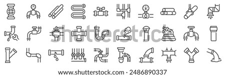 Set of 30 outline icons related to pipeline. Linear icon collection. Editable stroke. Vector illustration