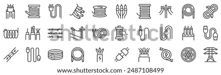 Set of 30 outline icons related to wires, cables. Linear icon collection. Editable stroke. Vector illustration