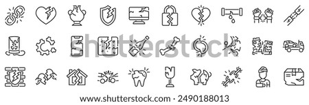 Set of 30 outline icons related to damaged, broken. Linear icon collection. Editable stroke. Vector illustration