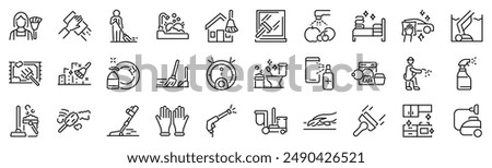 Set of 30 outline icons related to cleaning, washing. Linear icon collection. Editable stroke. Vector illustration