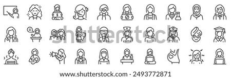 Set of 30 outline icons related to women. Linear icon collection. Editable stroke. Vector illustration