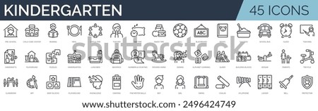 Set of 45 outline icons related to kindergarten. Linear icon collection. Editable stroke. Vector illustration