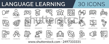 Set of 30 outline icons related to language learning. Linear icon collection. Editable stroke. Vector illustration