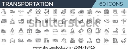 Set of 60 outline icons related to transportation. Linear icon collection. Editable stroke. Vector illustration