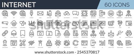 Set of 60 outline icons related to internet. Linear icon collection. Editable stroke. Vector illustration	