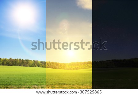 Three part of day in one image. The beautiful field in day, night and evening