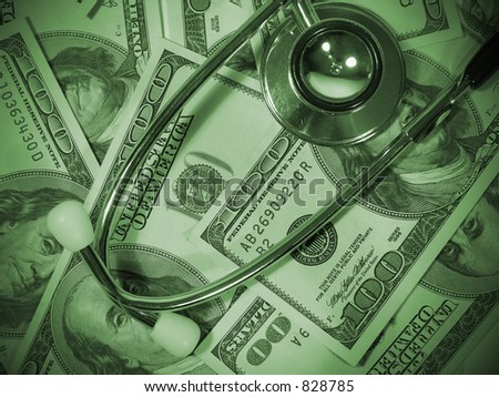 A photo of a stethoscope on money representing the high cost of medical