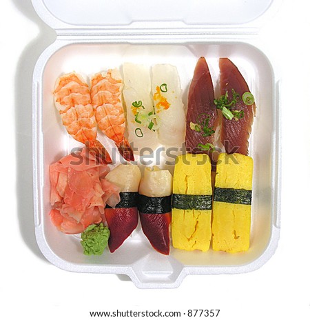 A photo of sushi in a to go container