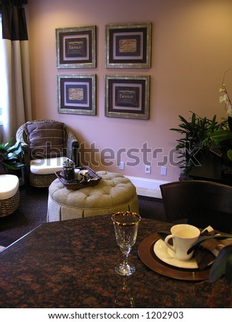 A photo of a kitchen counter with living room background