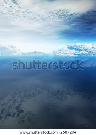 A dramatic landscape with icebergs floating in the open ocean