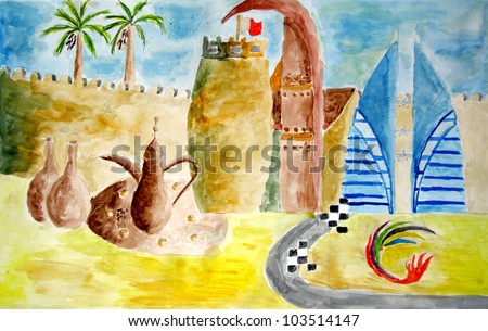 Original painting showing Bahrain heritage and modern era, a child art