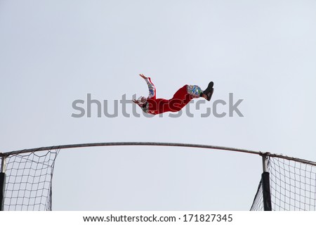 Sakhir Airbase, Bahrain - JANUARY 17: A person showing acrobatic on Aerodium, a vertical wind tunnel at the venue  of Bahrain International Airshow at Sakhir Airbase, Bahrain on 17 January, 2014