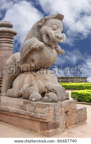 Close view of the giant lion at the entrance on clear sky, Sun temple Konark