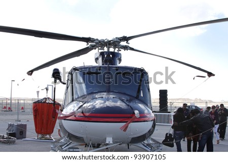 SAKHIR AIRBASE, BAHRAIN - JANUARY 21: Static display of Bell 412, Ministry of Interior Helicopter in Bahrain International Airshow at Sakhir Airbase, Bahrain on 21 January, 2012