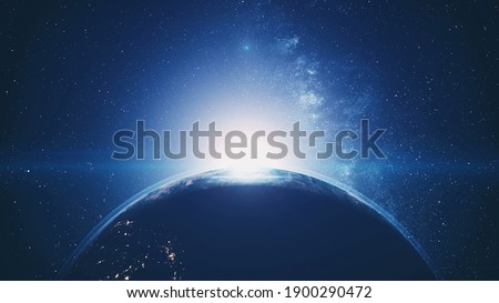 Sunset of Earth planet silhouette rotating with blue halo orbit. Bright sun hiding with flare in dark outer space with stars. Solar system 3d animation with astronomy concept